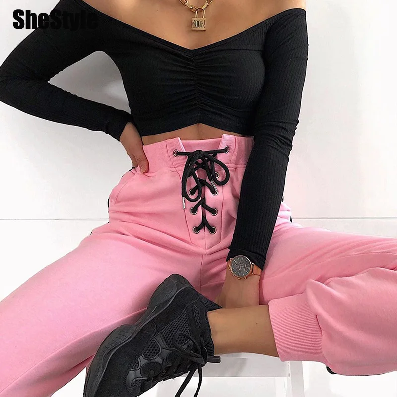Shestyle розового цвета со шнуровкой и боковой полосатые женские брюки-карго 2019