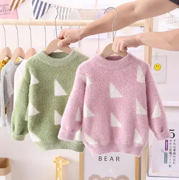 

Sweet Little Kids Girl Tshirt Sweater Baby Girl Soft Flower Triangle Style Little Girl Outfit O-Neck Knitted Clothes for 3T-8T