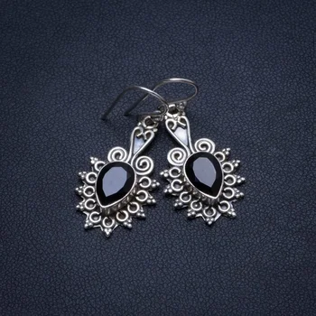 

Natural Black Onyx Handmade Indian 925 Sterling Silver Earrings 1 1/4" T4192