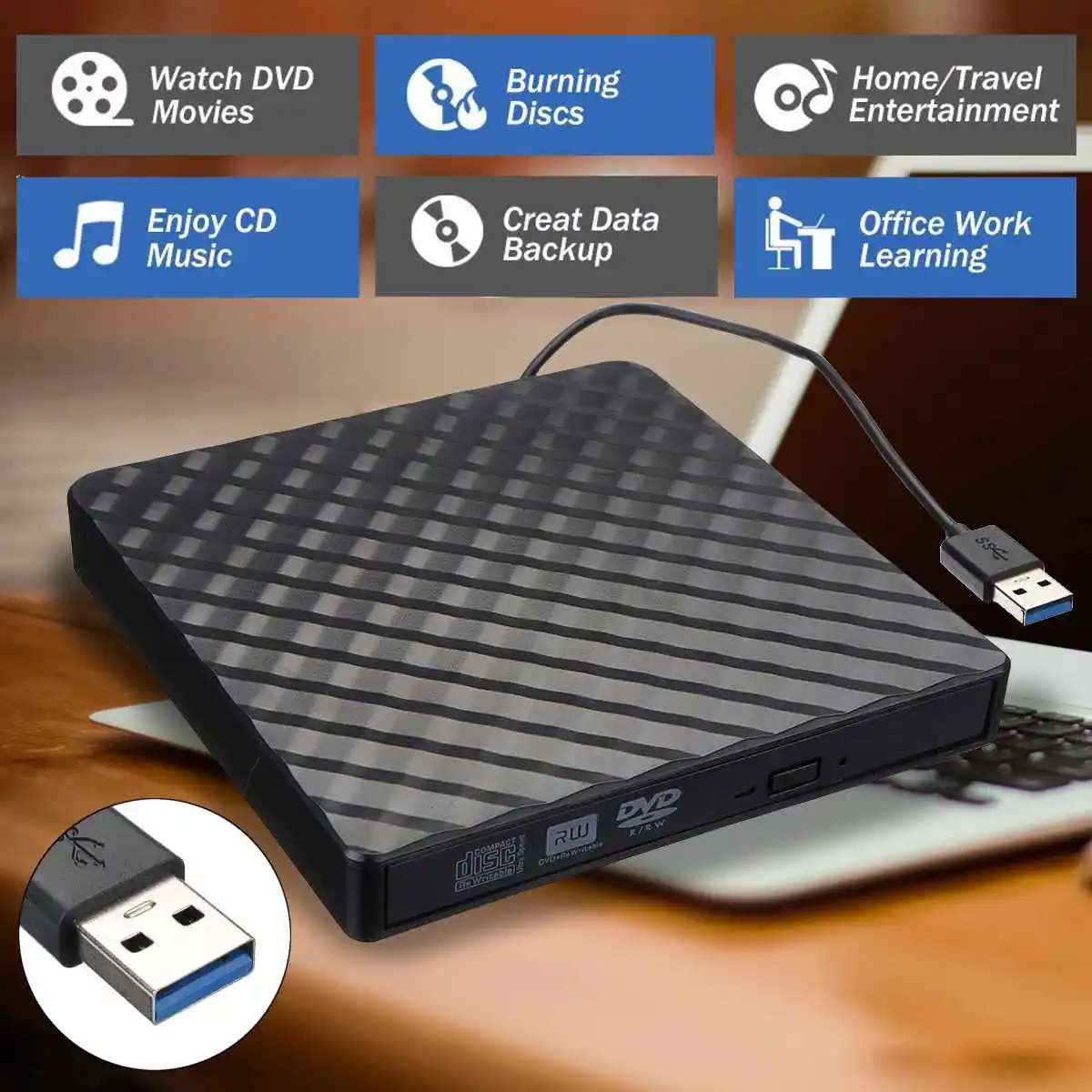 

Corrugated external USB3.0 DVD portable RW CD burner ultr a-thin optical disc drive burner reader player suitable for pc