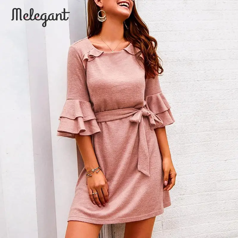 Mэлегантный оборками 2019 зимнее вязаное платье дамы плюс размер синий