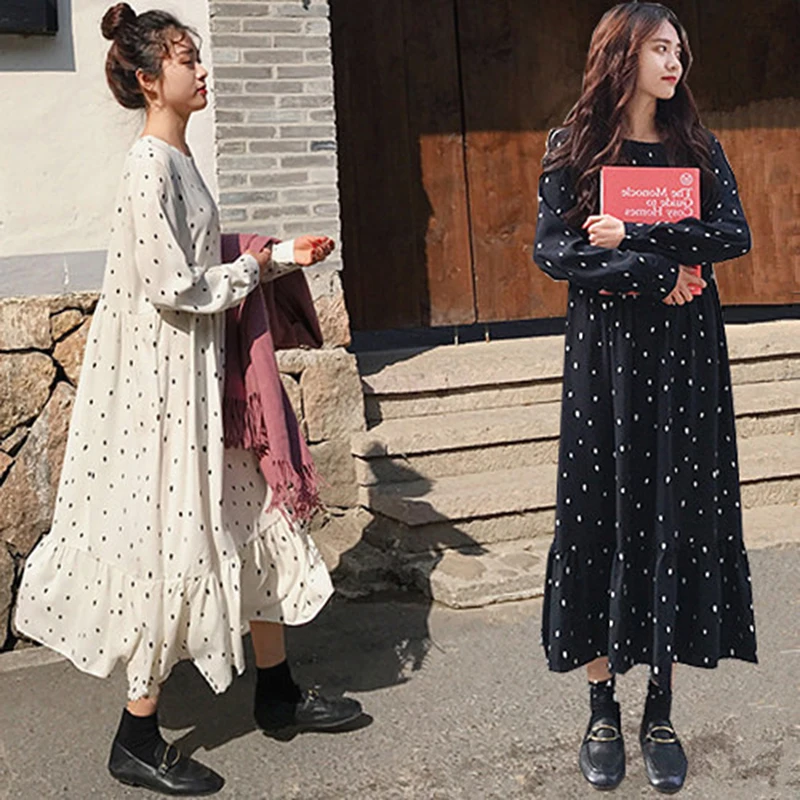 

Spring Autumn New Korea Fashion Women Long Sleeve Loose Dot Chiffon Dresses Female Casual Ruffles Long Dress Plus Size S56