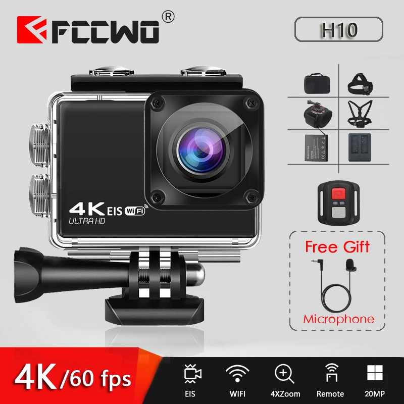 Экшн-камера EIS FCCWO H10 4K/60FPS 20 МП Wi-Fi 2 0 дюйма ЖК-дисплей 170D | Электроника