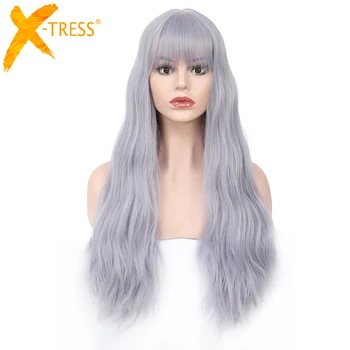 

X-TRESS Synthetic Hair Wig With Bangs Gray Colored Long Natural Wave Ash Grey Machine Wigs For Women Girls Heat Resistant Fiber