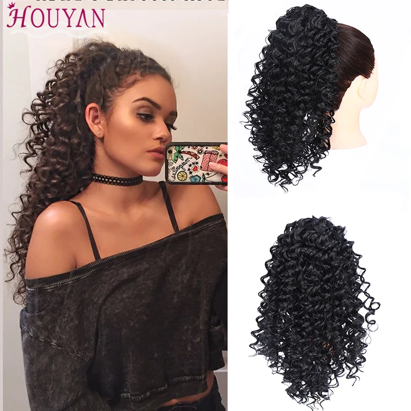 

Brazilian Kinky Curly Drawstring Ponytail Hair Clip In Extensions Natural Color Adjustable Ponytail HOUYAN