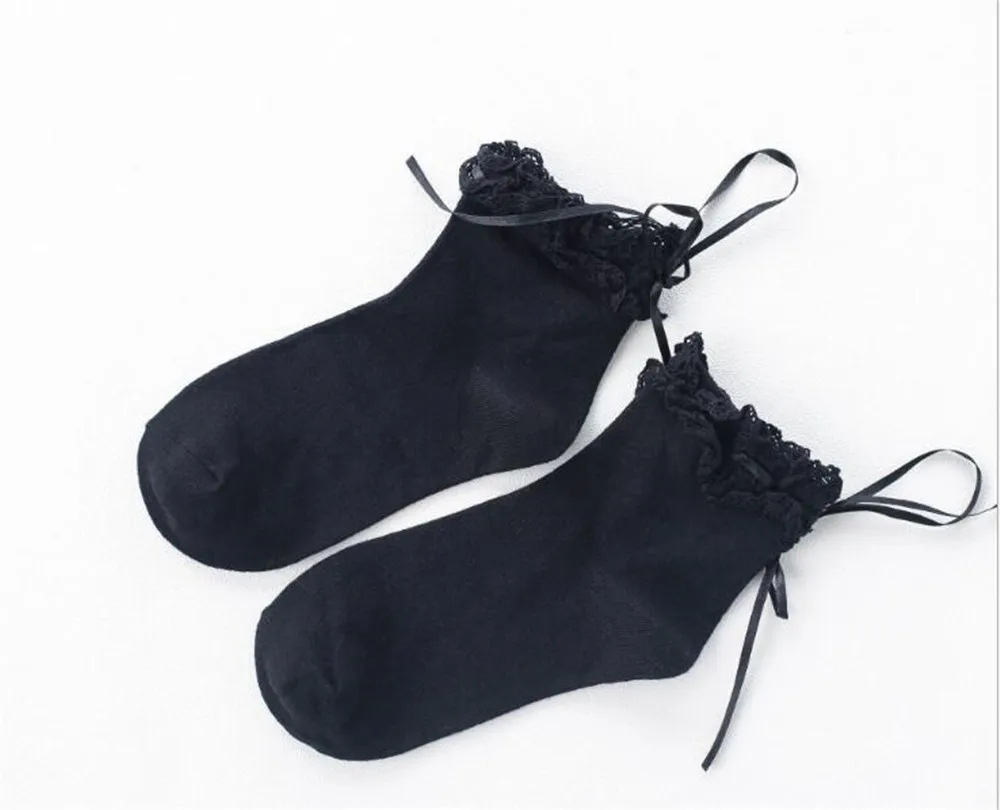 Милые женские разноцветные носки в стиле Лолиты в японском стиле с лентами B429 - Цвет: black
