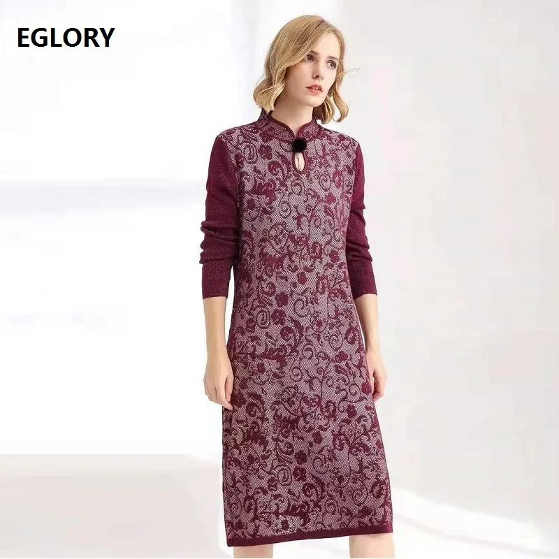 ^Cheap High Quality Knitted Dress 2019 Autumn Winter Sweater Dress Women Vintage Flower Pattern Long Sleeve Wine Red Black Dress Female