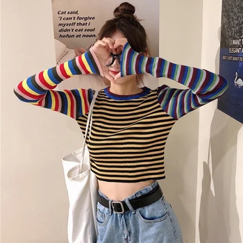 

Women Sexy Short Slim Contrast Color Stripes Fit Exposure Sweater Navel Solid Color Long Sleeve Knit Tops