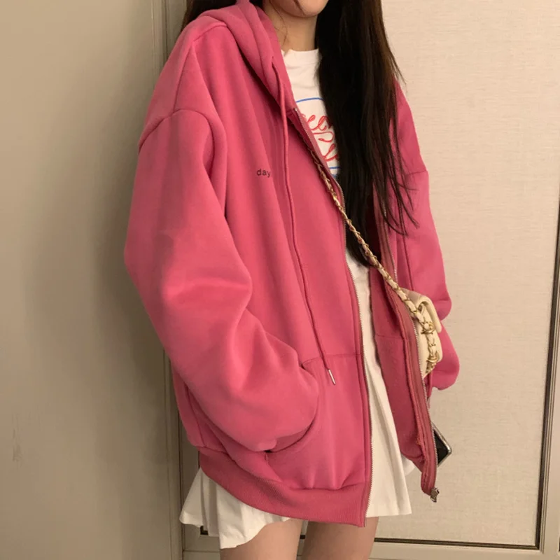 Zip-Up Women Korean Style Trunks Vintage Effects Color Long Mouths Oversized Hooded Sweatshirt Lady Women Casual Big Jackets 1