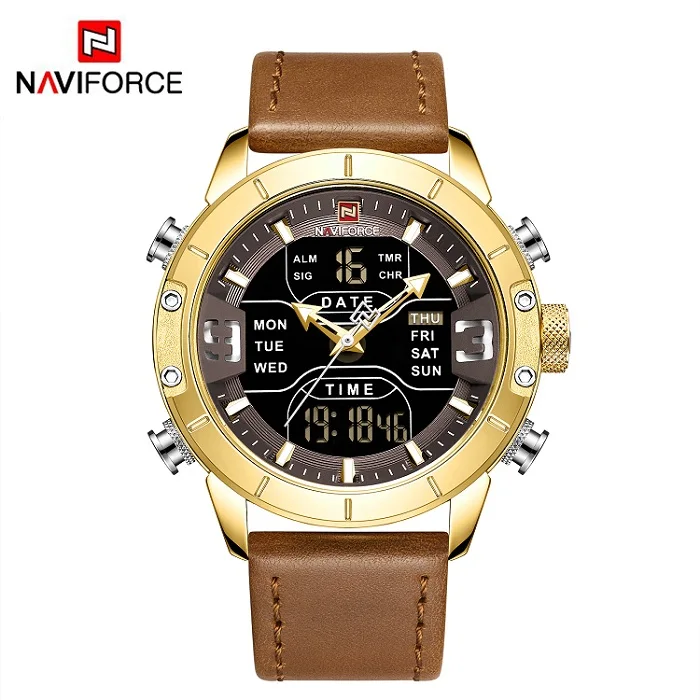 NAVIFORCE, мужские часы, Лидирующий бренд, Роскошные наручные часы, мужские военные кварцевые цифровые светодиодные часы, часы из натуральной кожи, Relogio Masculino - Цвет: Golden