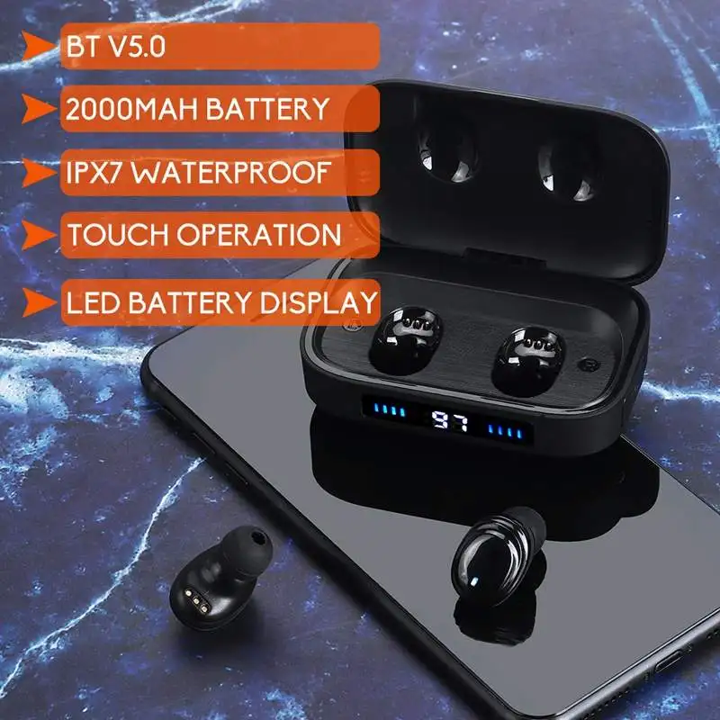 

LEORY Portable TWS Wireless bluetooth Earphone Touch Control Earbuds LED Display IPX7 Waterproof Headset with 2000mAh Power Bank