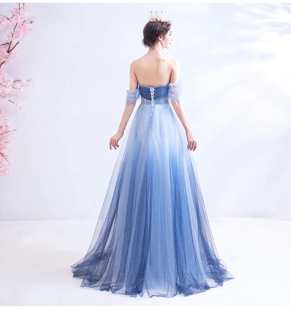 Off The Shoulder Smoke Light Blue Fairy Prom Dresses Lace Up Back Vestido Longo Festa Gala Full Length Formal Party Dresses Prom Dresses Aliexpress