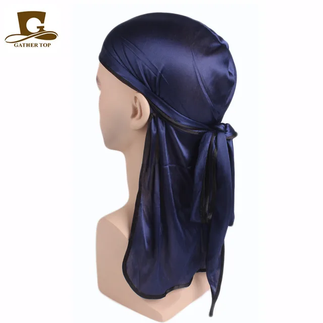 Men's Silky Durags Bandanas Turban hat Wigs Doo Men Satin Durag Biker Headwear Headband Hair Accessories Extra Long Tail Du-Rag Adult Navy