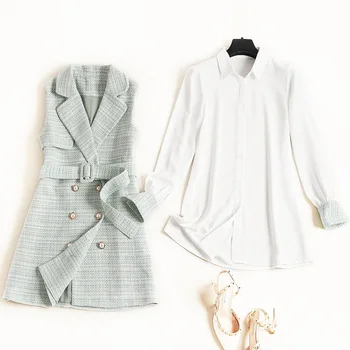

Top Quality Designer Autumn Winter Dress Woman Clothes Long Sleeve Solid White Chiffon Blouse and Belted Tweed Woolen Dress 2pcs