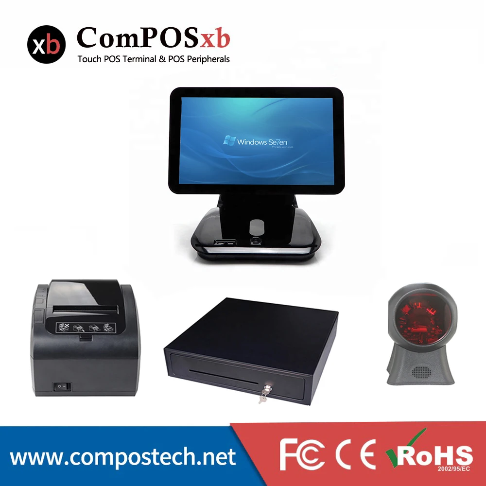 Coffee shop 15.6 inch pos all in one 410 cash box 80mm printer Barcode omni Reader 1D Scanner pos pc