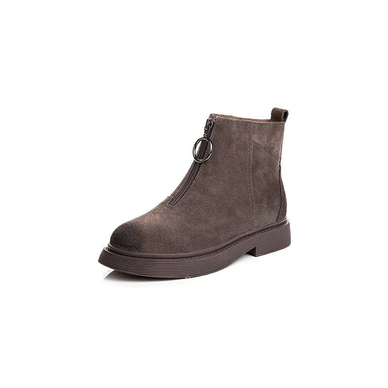 

Ankle Booties for women front zipper round head with heel thick with plus velvet Martin boots