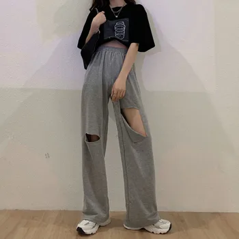 

Hole-breaking Pants Women's 2020 Pants Thin Casual High Waist Drape Wide Leg Mop Sports Pants Ins Fashion