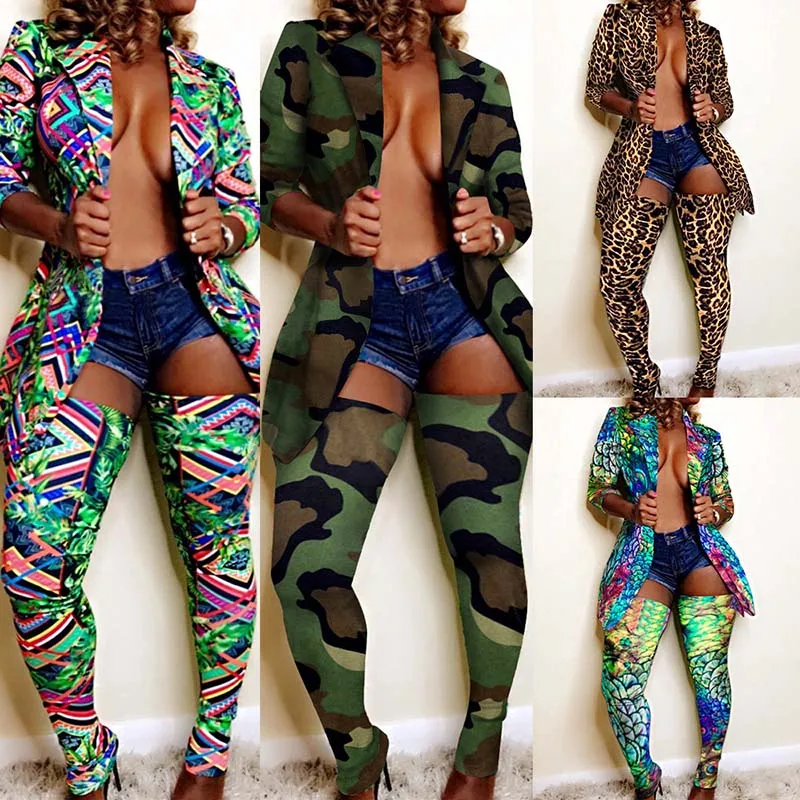 

Sexy Two Pieces Set Turn Down Collar Long Coat + Long Socks Camouflage Peacock Green Leopard Print Womens Tracksuit Set Winter