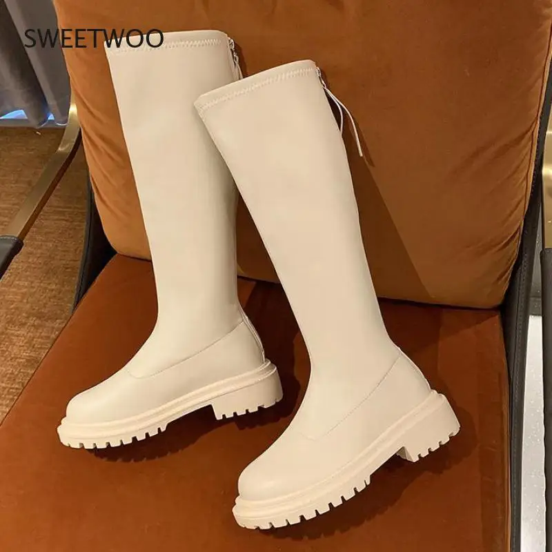 2022 Winter Long Brand Women's Boots Knee High Luxury Chelsea Chunky Platform Shoes Zipper Round Toe