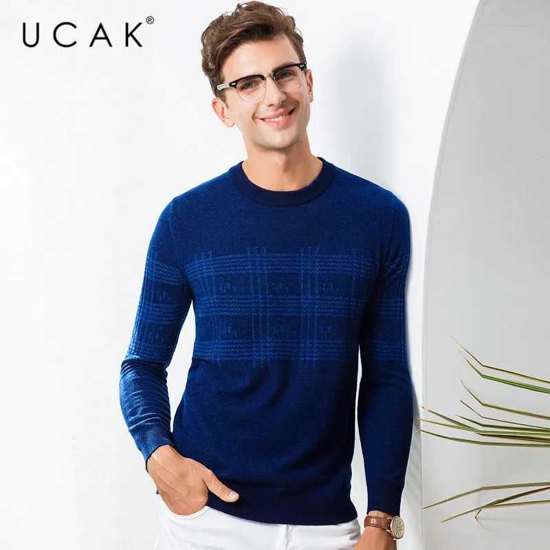 UCAK бренд чистая мериносовая шерсть свитер для мужчин Уличная мода плед Pull Homme