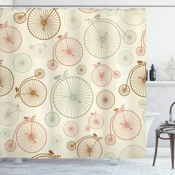 

Vintage Decor Collection, Vintage Bicycles with Antique Wheels Indie Background Classic Decor Illustration, Polyester Fabric