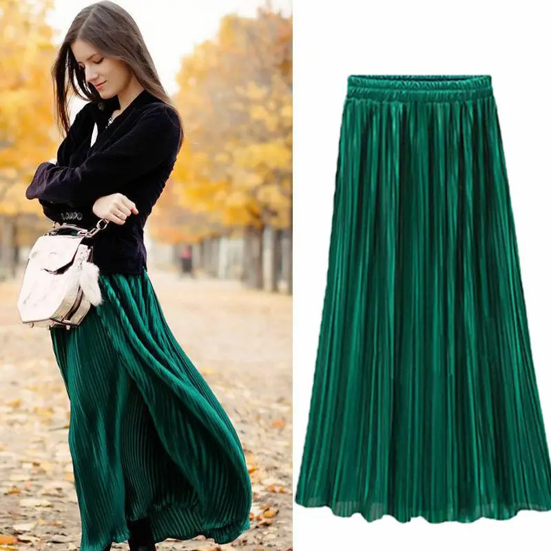 Spring Summer Pleated Skirt Womens Vintage High Waist Skirt Solid Long Skirts New Fashion Metallic Skirt Female Spring Summer Pleated Skirt Womens Vintage High Waist Skirt Solid Long Skirts New Fashion Metallic Skirt Female