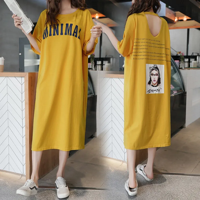 

Limiguyue short sleeve cotton T shirt dress letter print summer print hollow out backless loose casual midi long dresses Y187