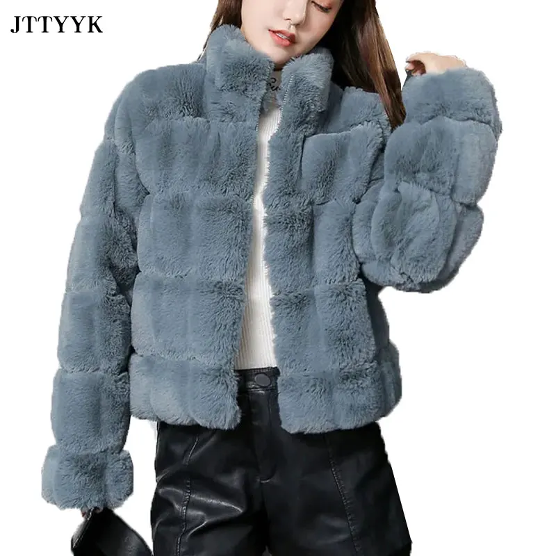 

Winter Stand Collar Short Faux Fur Coat Womens Faux Rex Rabbit Fur Casual Autumn Coats Long Sleeve Loose Thick Plush Jacket Tops