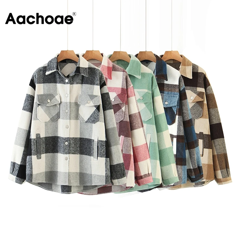 Aachoae Loose Casual Wool Plaid Jacket Women Turn Down Collar Fashion Coat With Pockets Autumn Long Sleeve Ladies Jackets Coats