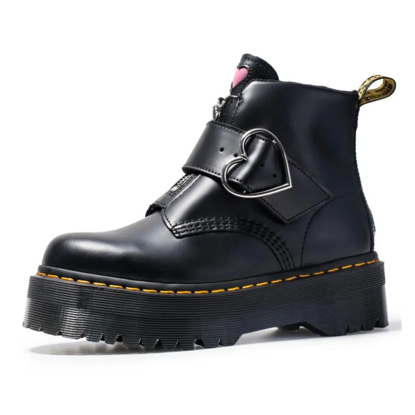 

Platform Buckle Boots Women Genuine Leather Thick Heels Bootee Woman Wedges Shoes Ladies Autumn Black Boots Ankle Boots Female