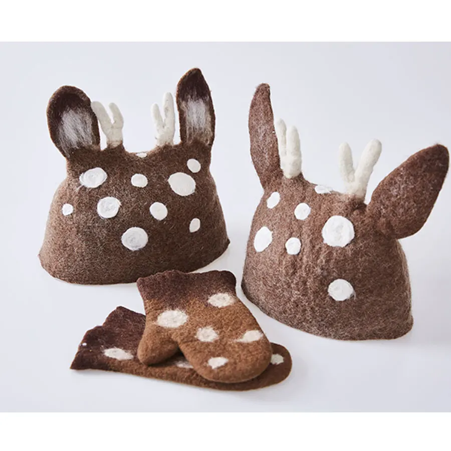 Милая шерстяная фетровая шляпа для женщин, модные оригинальные головные уборы ручной работы с животными, головные уборы для девочек, подарок лесной лось, шапка эльфа, шапка-рога, ушные шапки s