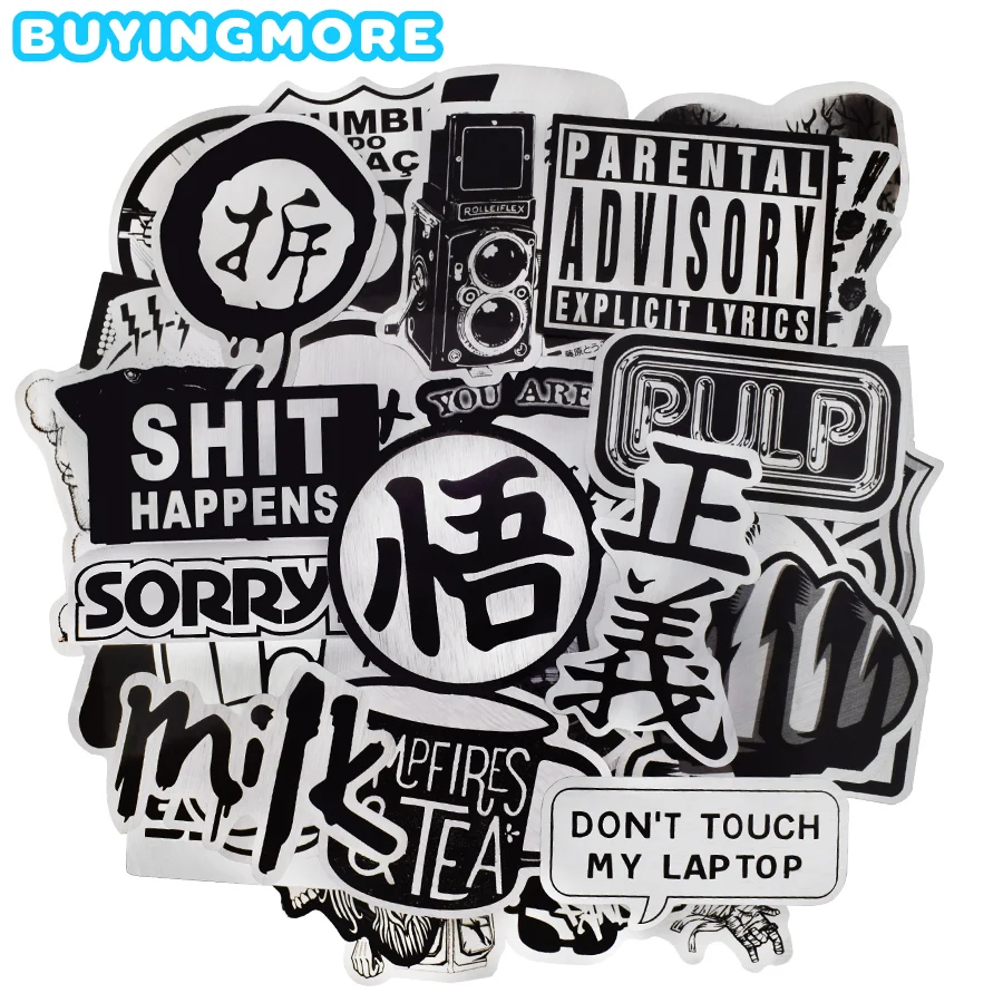 

50 PCS Metallic Style Black and White Sticker JDM Punk Graffiti Cool Stickers Toys for DIY Skateboard Laptop Waterproof Stickers