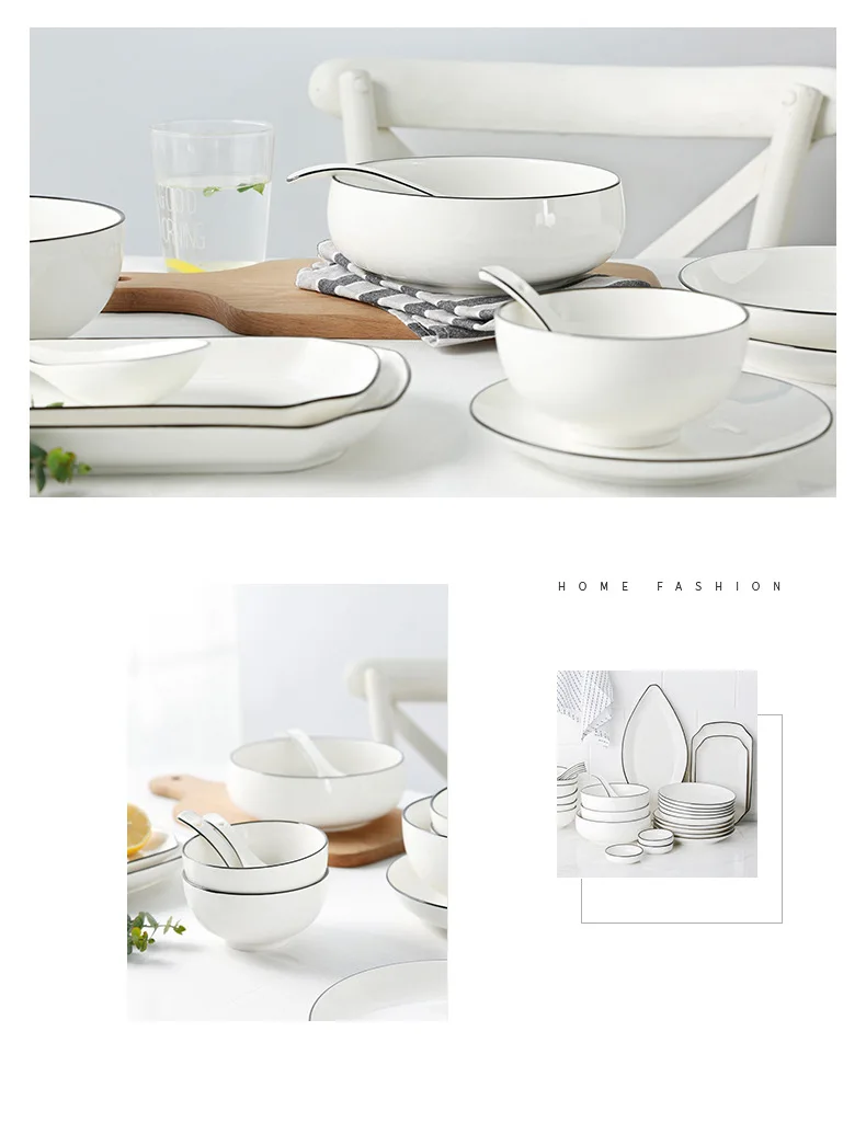 Japanese Style Bowl Dish& Plate Ceramic Tableware Set Rice Bowl White Plates Simple Black Lines Family Plate