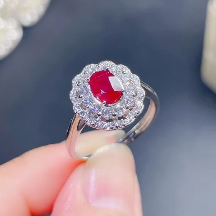 

Fine Jewelry S925 Sterling Silver Inlaid Natural Ruby Ring Support Test 5x7 mm Size Gemstone Noble Character Good Gift Sale