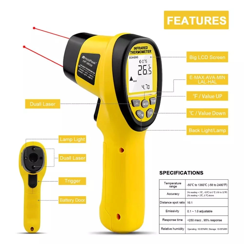 HOLDPEAK Digital Infrared Thermometer Laser IR Temperature Non-Contact Handheld HP-985A (-50℃ to 1060℃)
