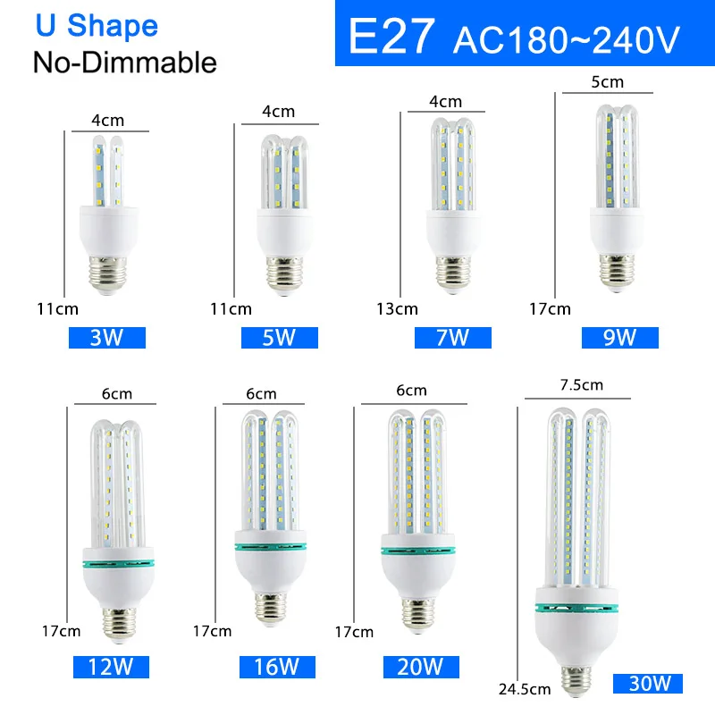Светодиодный светильник 20 Вт, 18 Вт, 15 Вт, 12 Вт, 3 Вт, 5 Вт, 9 Вт, светодиодный светильник E27, E14, AC, 220 В, светодиодный светильник-кукуруза, 2835 SMD, умный IC, настоящая мощность, лампада, светодиодный светильник для дома - Испускаемый цвет: E27 U Shape
