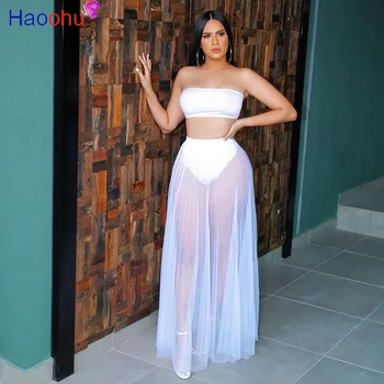 

Sexy Two Piece Set Summer Clothes for Women Off Shoulder Crop Top Mesh Maxi Skirts 2 Piece Beach Outfits Matching Sets