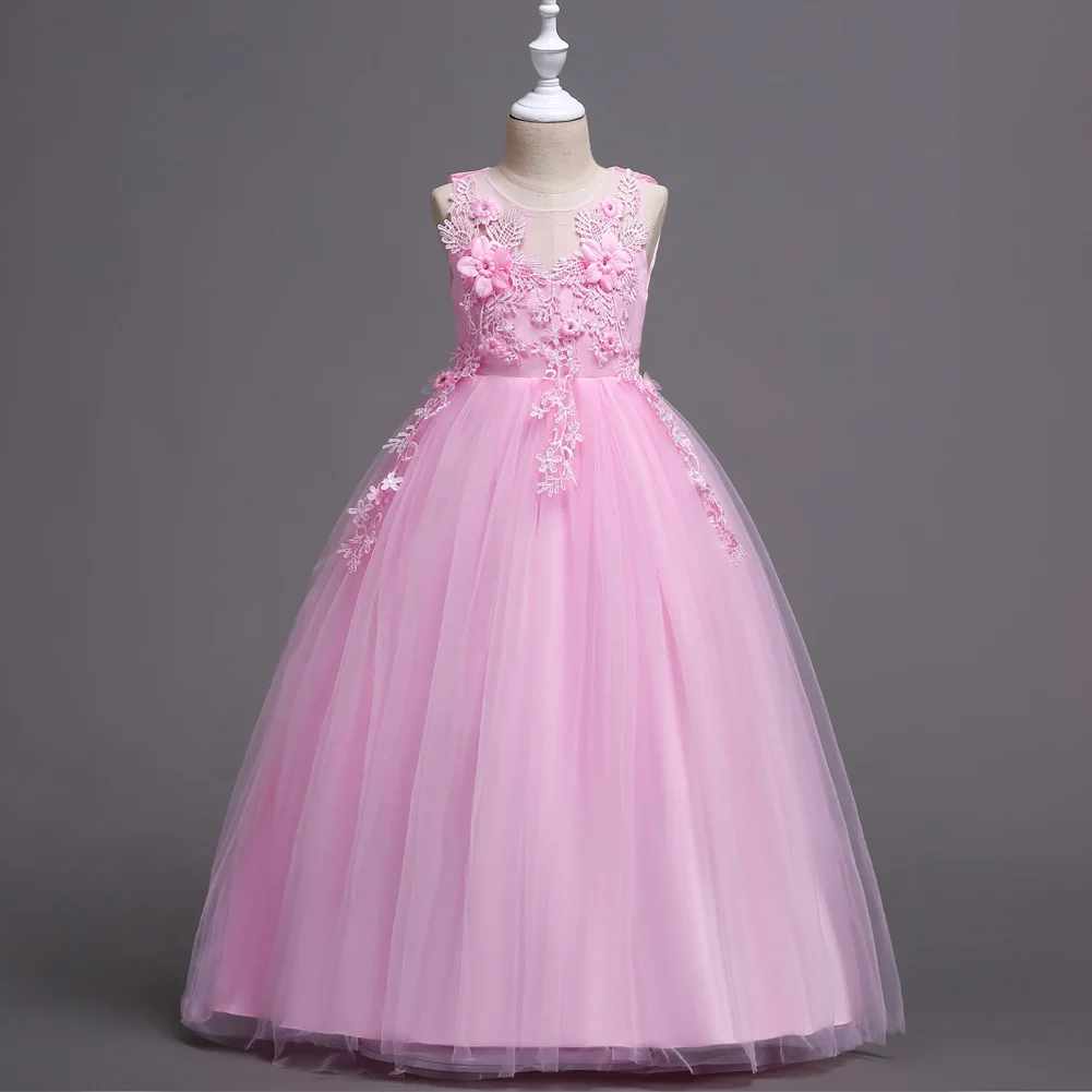 Skyyue/платье с цветочным узором для девочек Однотонные кружевные Детские Свадебные праздничные платья Длинные платья без рукавов с круглым вырезом для причастия для девочек 832 - Цвет: pink