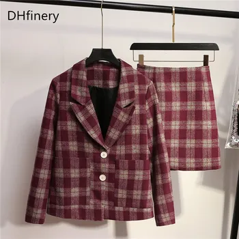 

DHfinery Quality 2 Piece Set women red plaid blazer skirt suit for bust 105-129cm Spring Autumn tracksuit plus size XL-5XL H075