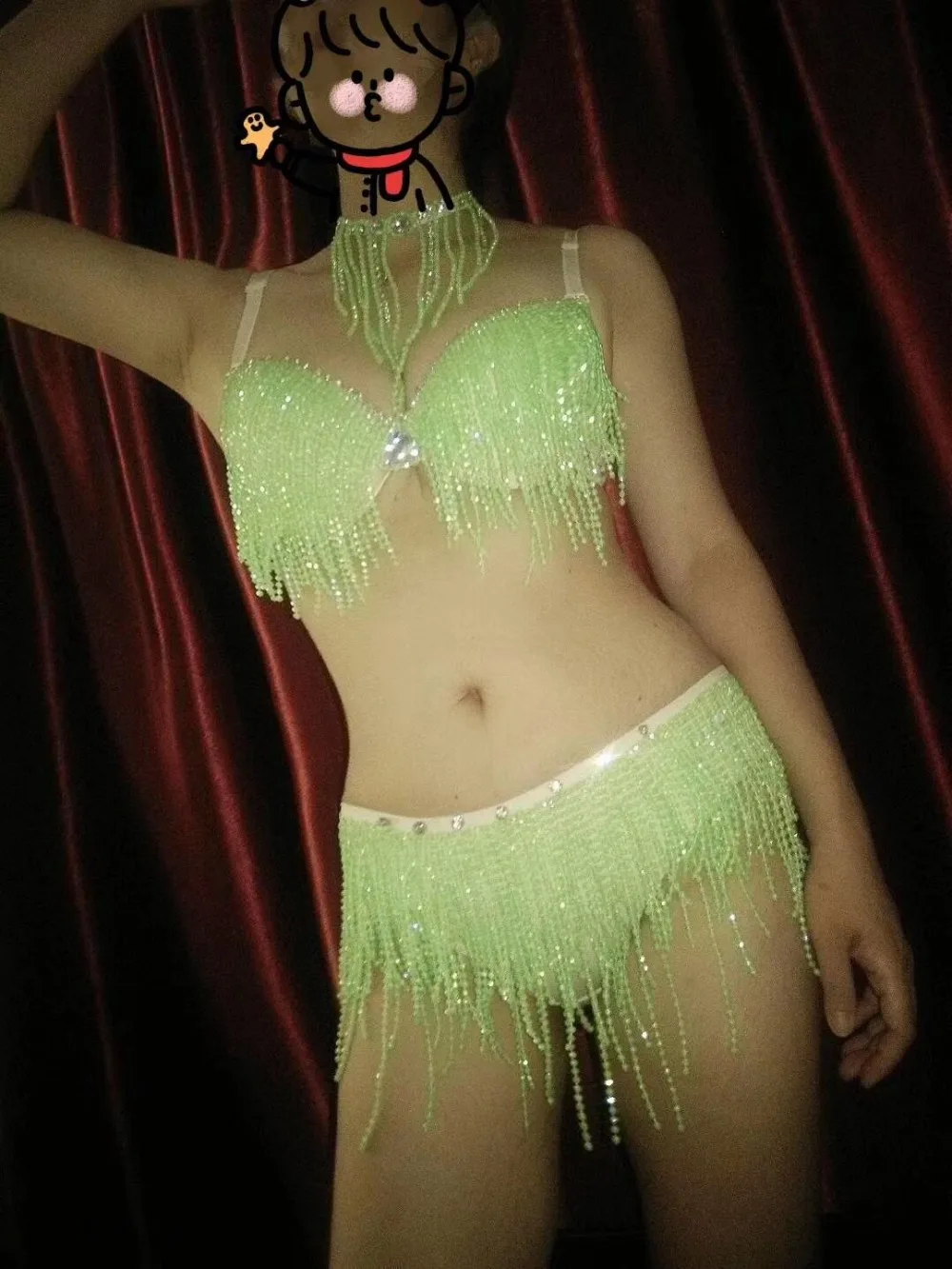 Зеленые стразы, бикини, бюстгальтер с кисточками, комплект короткой одежды для женщин, для выпускного, для танцев, бара, вечернее, для женщин, певица, одежда для сцены, наряд