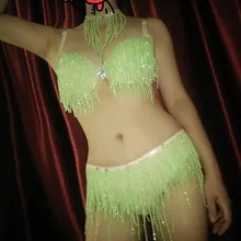 Зеленые стразы, бикини, бюстгальтер с кисточками, комплект короткой одежды для женщин, для выпускного, для танцев, бара, вечернее, для женщин, певица, одежда для сцены, наряд