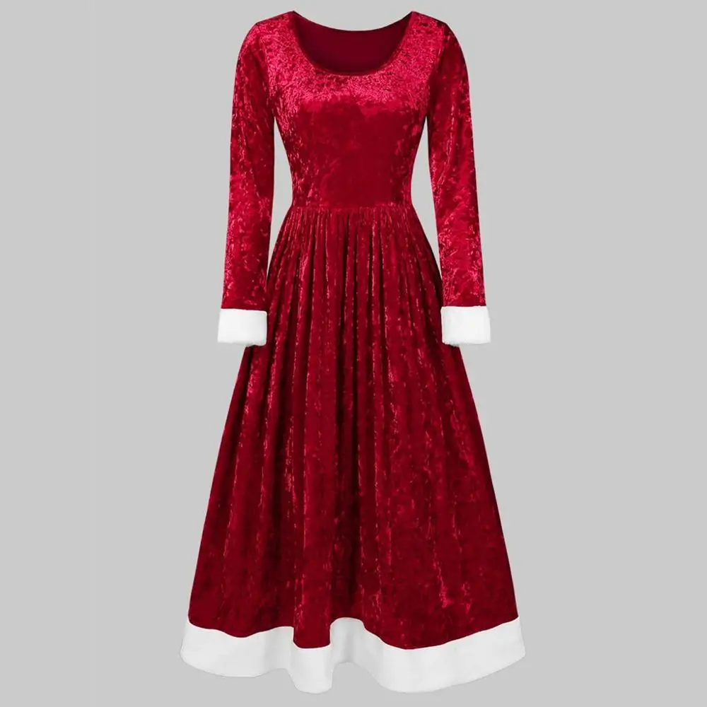 Модное женское платье Merry Christmas, бархатное зимнее теплое длинное платье, Повседневное платье с длинными рукавами и круглым вырезом, Красный фестиваль, платье Vestidos