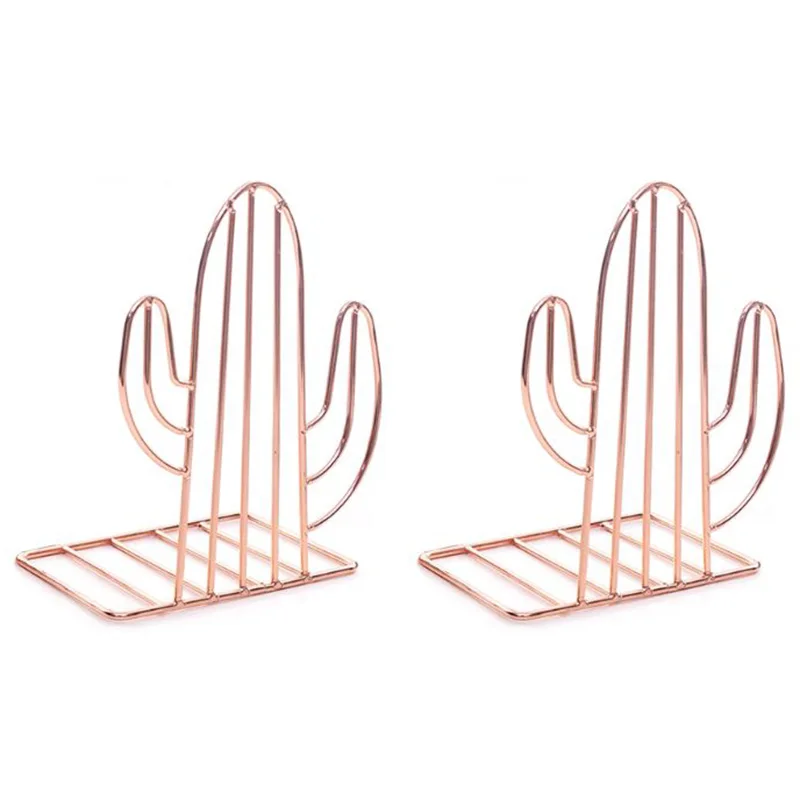 

BEST2PCS/Pair Creative Cactus Shaped Metal Bookends Book Support Stand Desk Organizer Storage Holder Shelf-Rose Gold