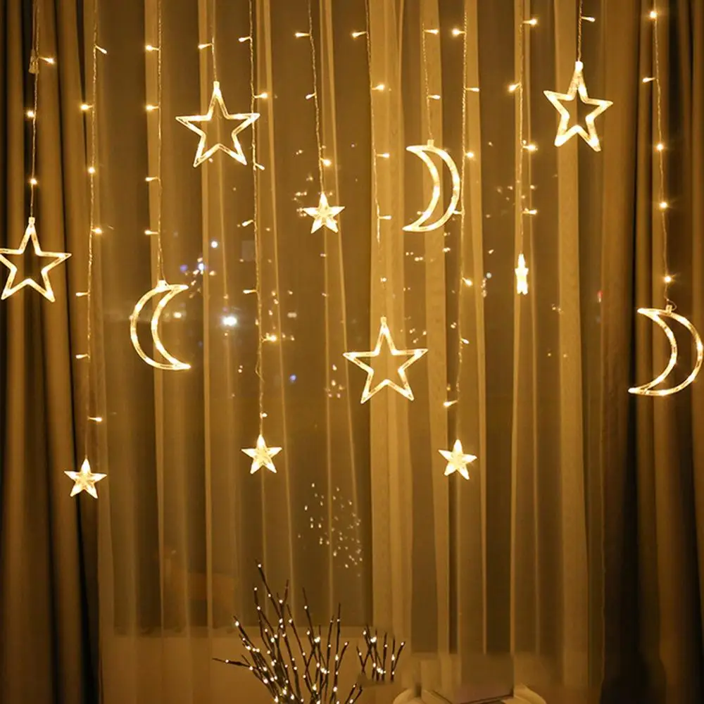 Светодиодный светильник-занавеска с изображением Луны и звезды, сказочный неоновый светильник, Рождественский фестиваль, Свадебный декор для спальни, домашний декор, праздничный светильник s 220 В, сказочный светильник - Испускаемый цвет: Warm Light 2.5m