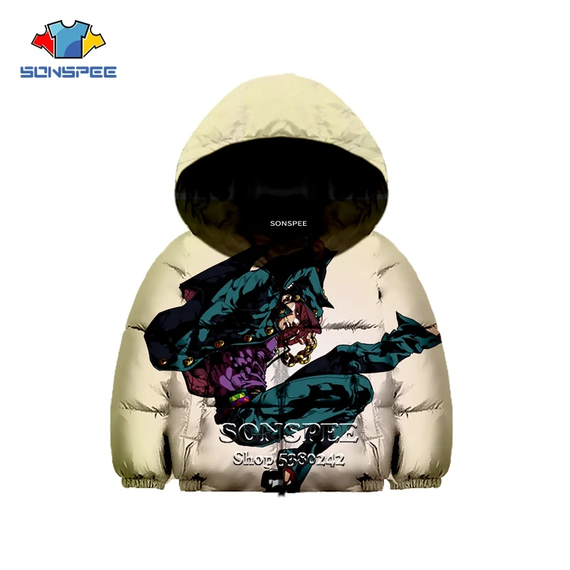 SONSPEE, брендовая детская пуховая куртка с 3D-принтом Jojo's wonderful adventure пальто с длинными рукавами для маленьких детей теплая верхняя одежда с капюшоном