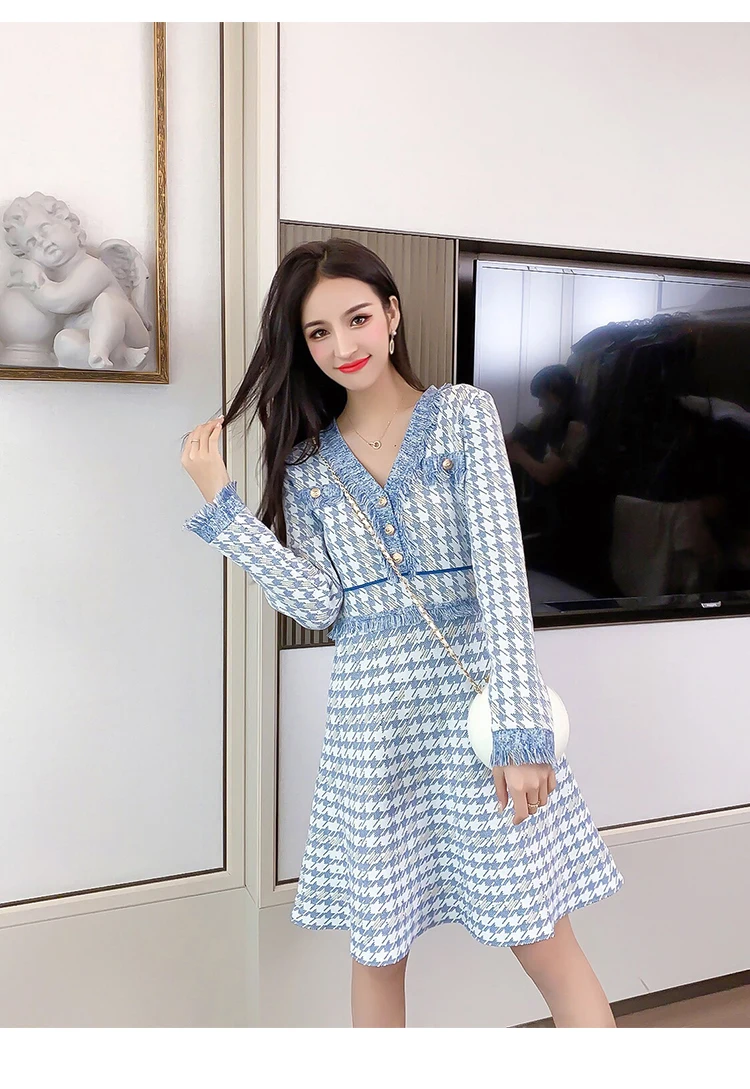 autumn winter new wave autumn dress small fragrance houndstooth waist waist long sleeve knit dress