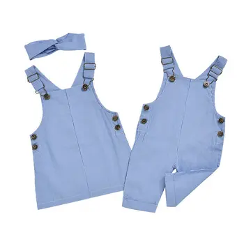 

Big Sister Little Borther Summer Matching Clothes Outfits Family Look Dress with Headband Overalls Rompers For Baby Girl Boy