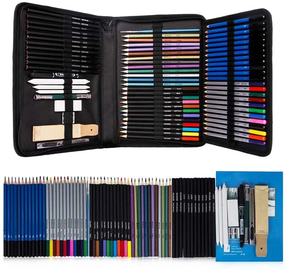 para dibujo artístico, estuche con 71 unidades de lápices de colores, acuarelables, grafito, carboncillo, con tonos metalizados, para dibujar y colorear|Lápices estándar| -