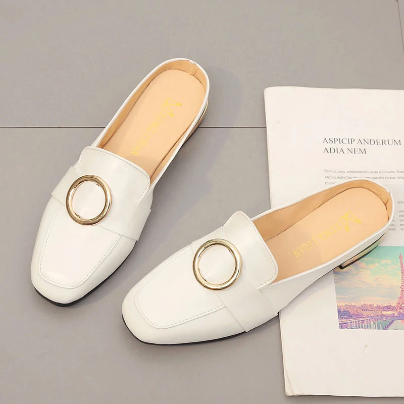 

Summer Slip On Mules Shoes Women Simple Elegant Black Leather Slippers Outdoor Fashion Comfort Casual Slides Flats Lady Sandals
