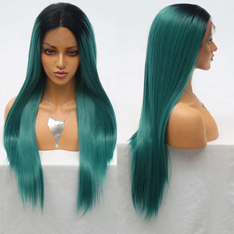 Synthetic 13*3 Lace Front Wig Black Roots Ombre Dark Green Silky Straight Heat Resistant Fiber Hair Middle Parting For Women | Шиньоны и